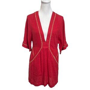 Vix by Paula Hermanny Linen Mini Dress Women’s Size Small Red V Neck Beach Cover